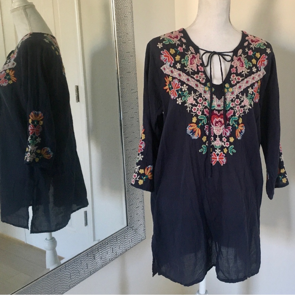 Johnny Was Navy Tunic with Colorful Embroidery